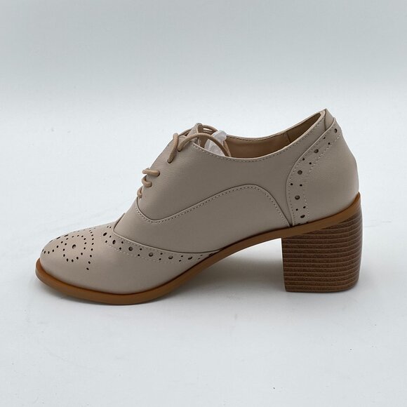FOWT Beige Perforated Lace-Up Oxfords Almond Toe Mid Chunky Heel Brogues Shoes - Picture 2 of 6